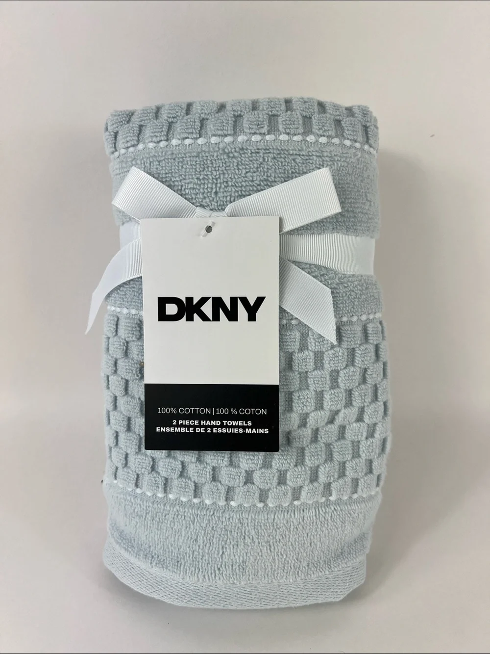 DKNY Bath Hand Towels Light Blue Textured Plush Soft Cotton Quick Dry 2 Pc NEW